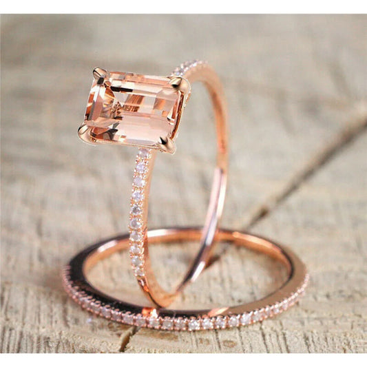 Juego de anillos chapados en oro rosa, joyería de boda de princesa morganita delgada, tamaño 6-10